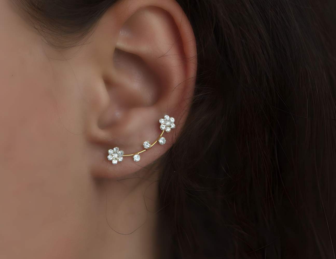 Offer of the month: Dainty flower ear climbers. Gold over sterling silver and white cz flowers