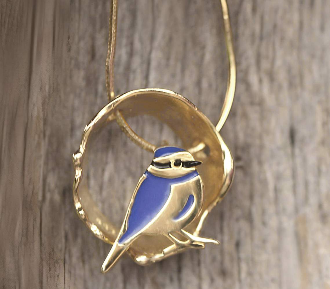Blue Tit necklace. Vermeil gold sterling silver and enamel