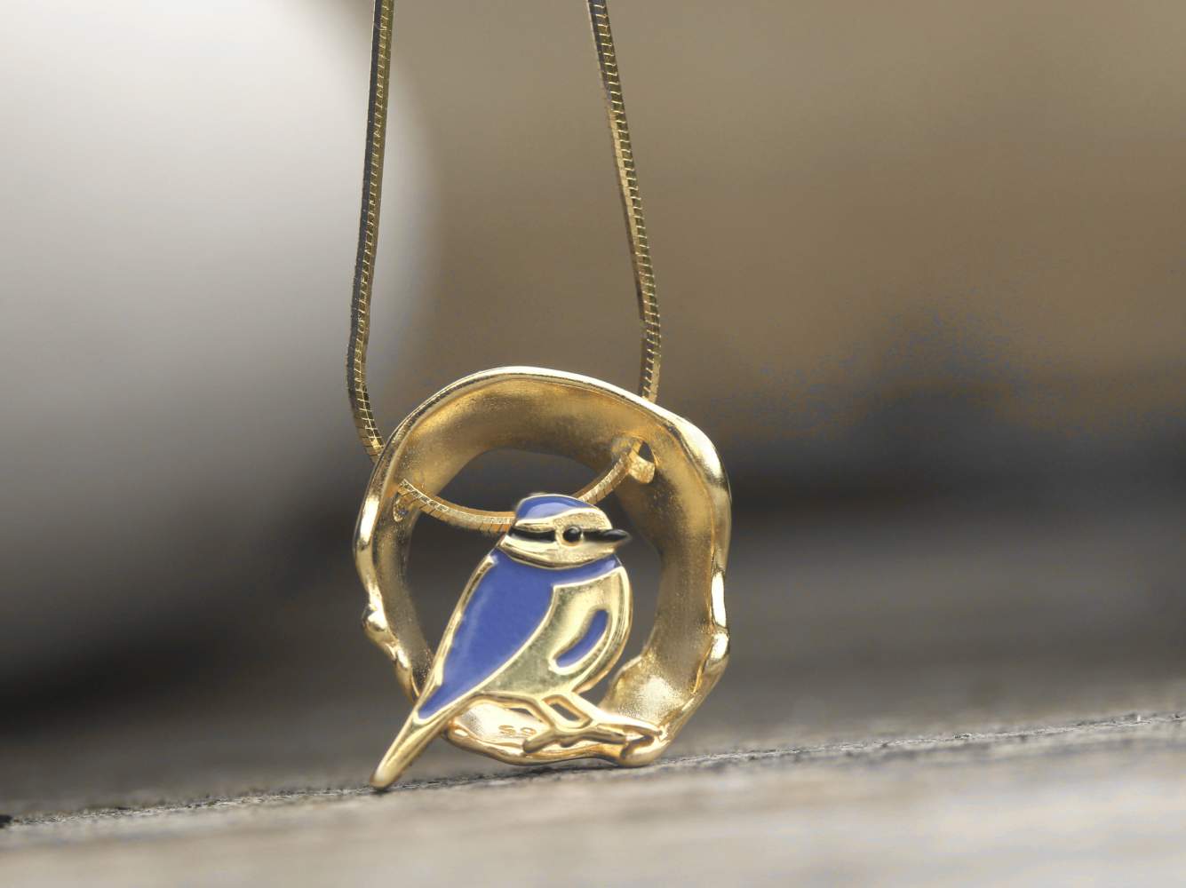 Blue Tit necklace. Vermeil gold sterling silver and enamel