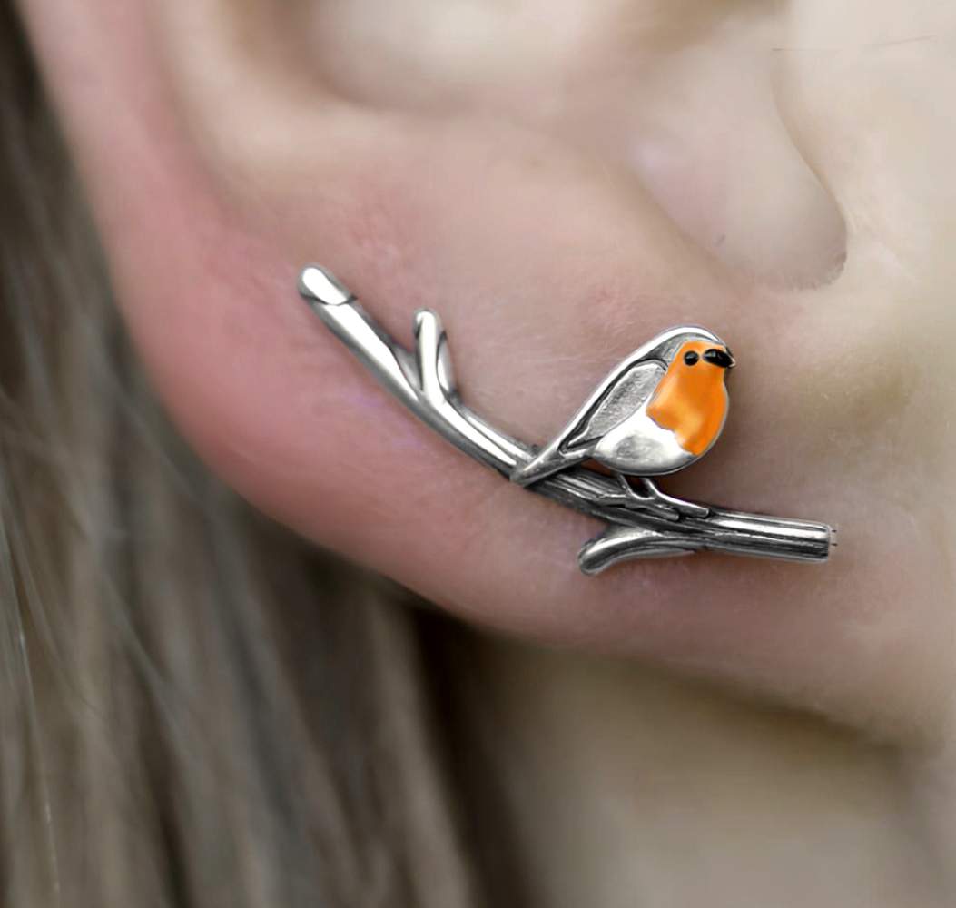 Robin Bird ear climbers. Sterling Silver and orange enamel