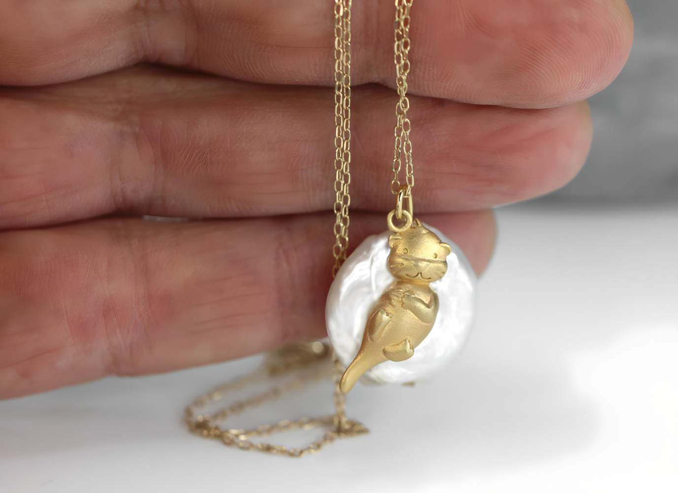 Dainty otter keshi pearl necklace. 18k gold over sterling silver