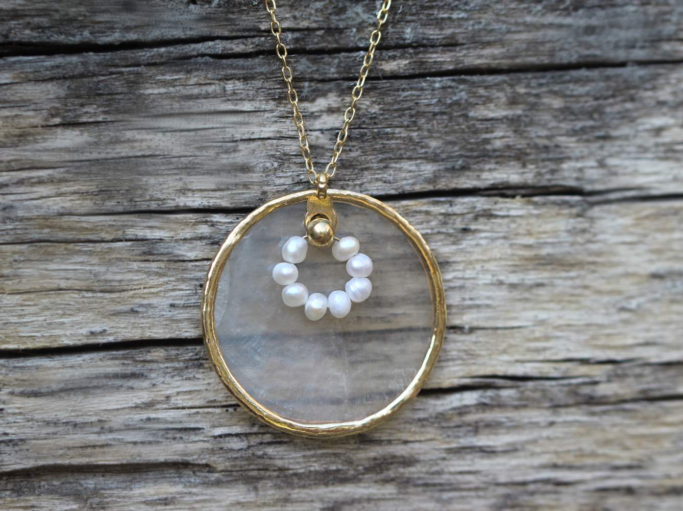 Transparent capiz shell necklace with pearl circle. 18k gold over sterling silver