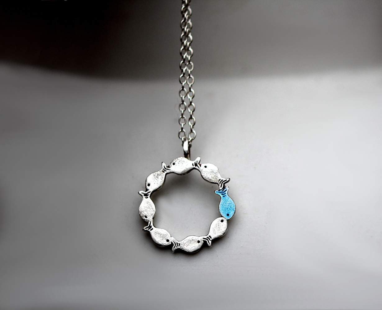 Against The Current. Sterling Silver & Enamel Fish Circle Pendant Necklace