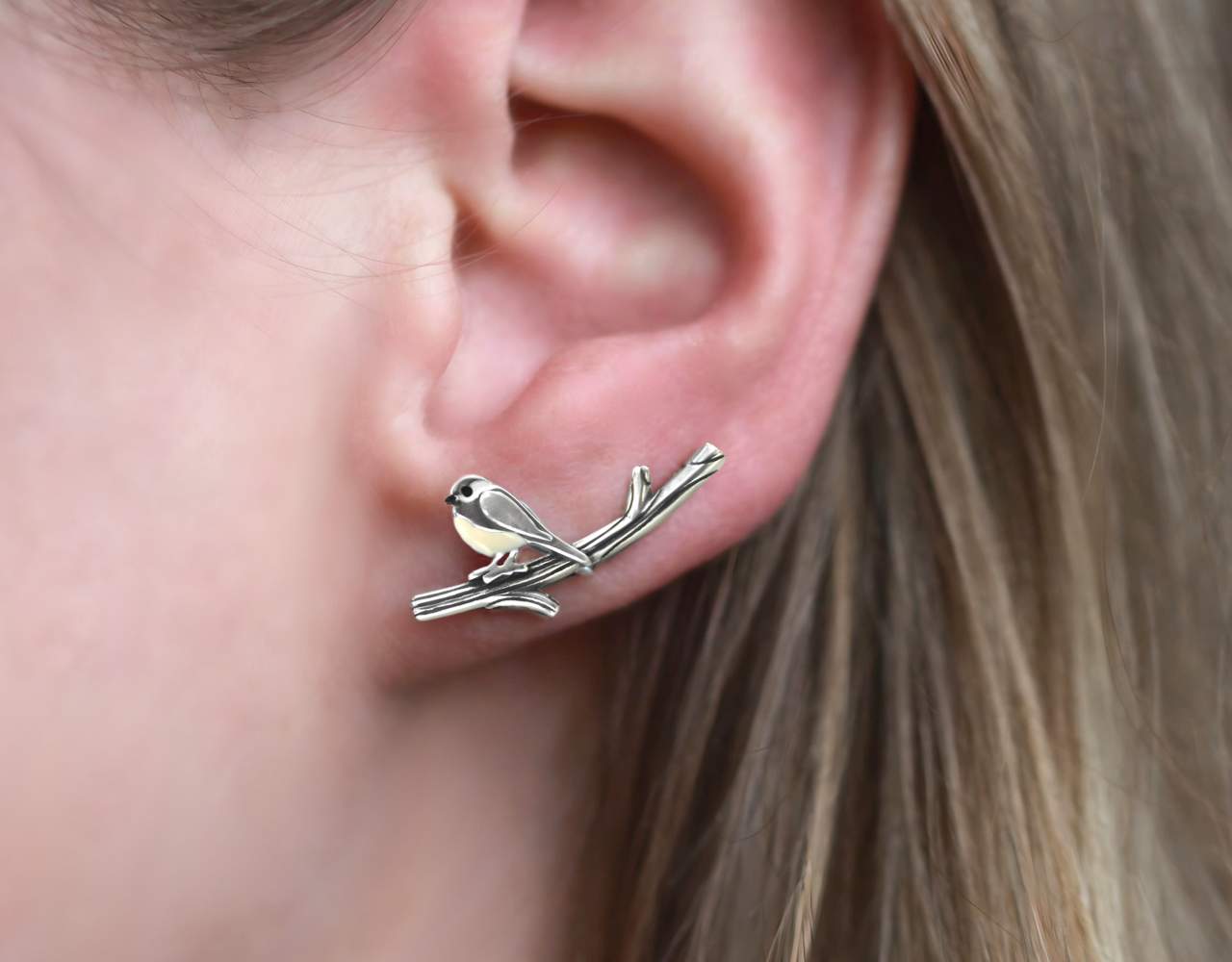 925 Sterling Silver Chickadee bird ear climbers