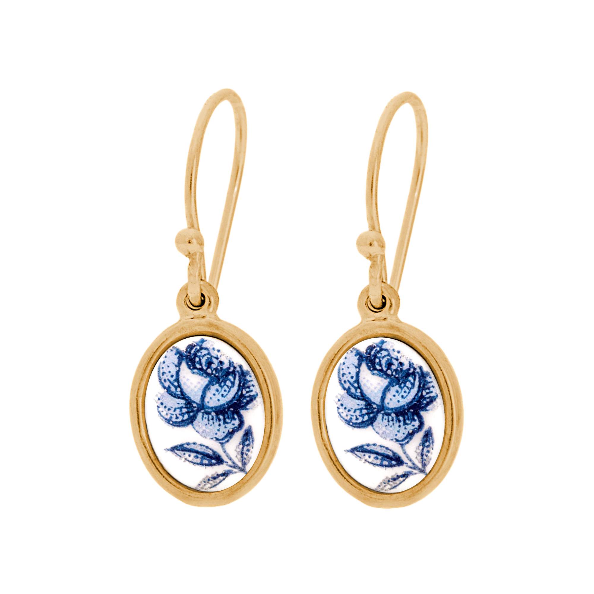 Seltene Vintage Porzellan-Ohrringe – Blaue Rose – vermeil gold Silber
