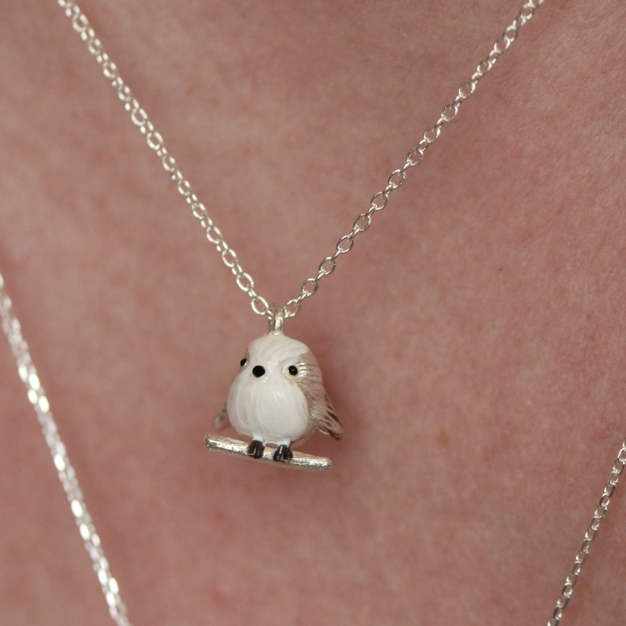 Long-tailed tit necklace – solid 925 sterling silver & enamel