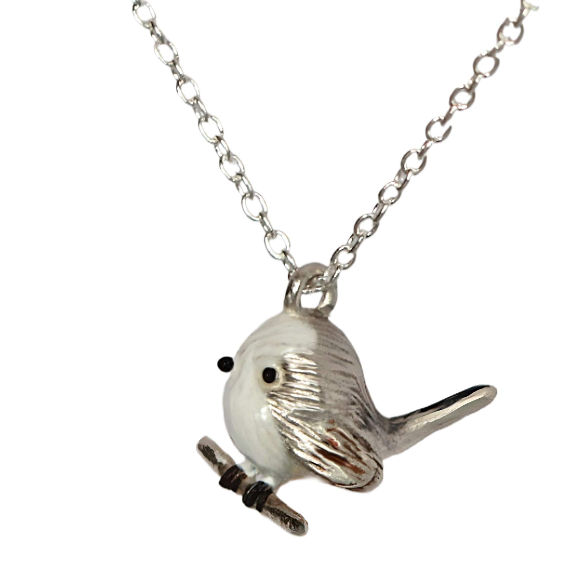 Long-tailed tit necklace – solid 925 sterling silver & enamel