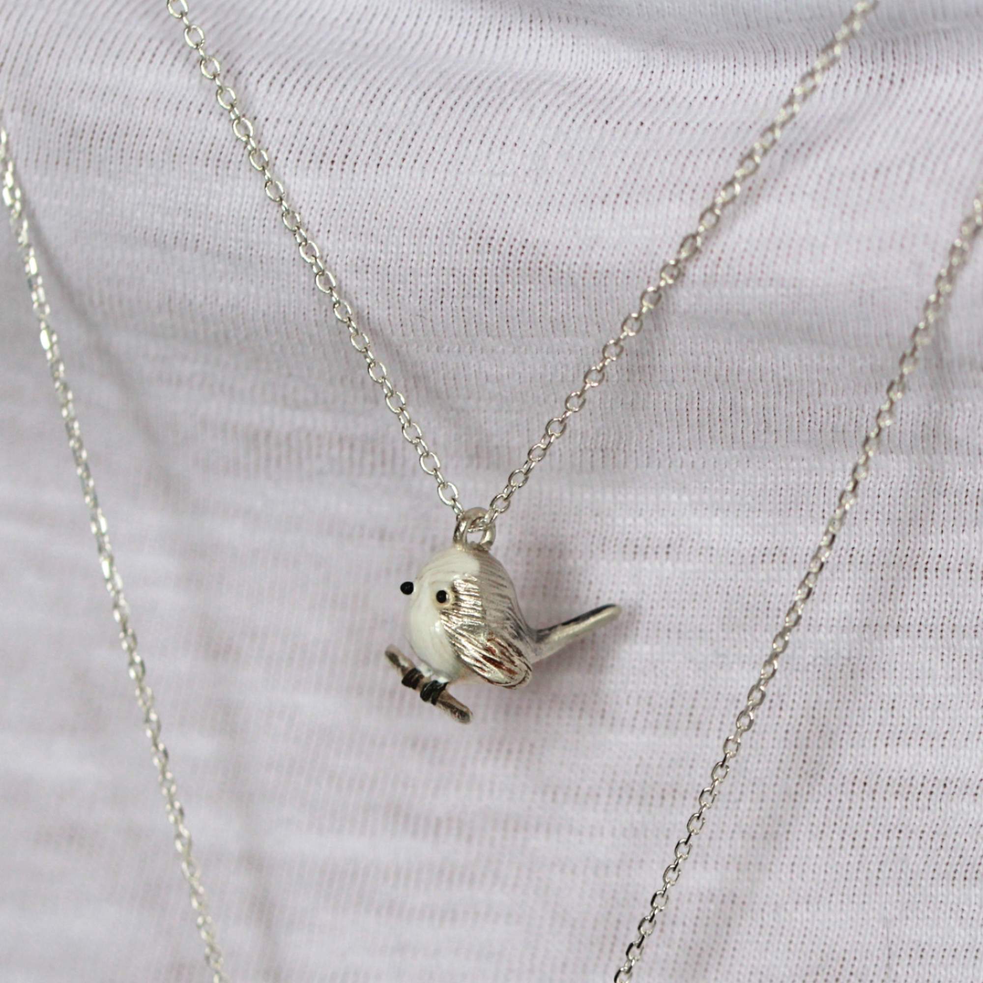 Long-tailed tit necklace – solid 925 sterling silver & enamel