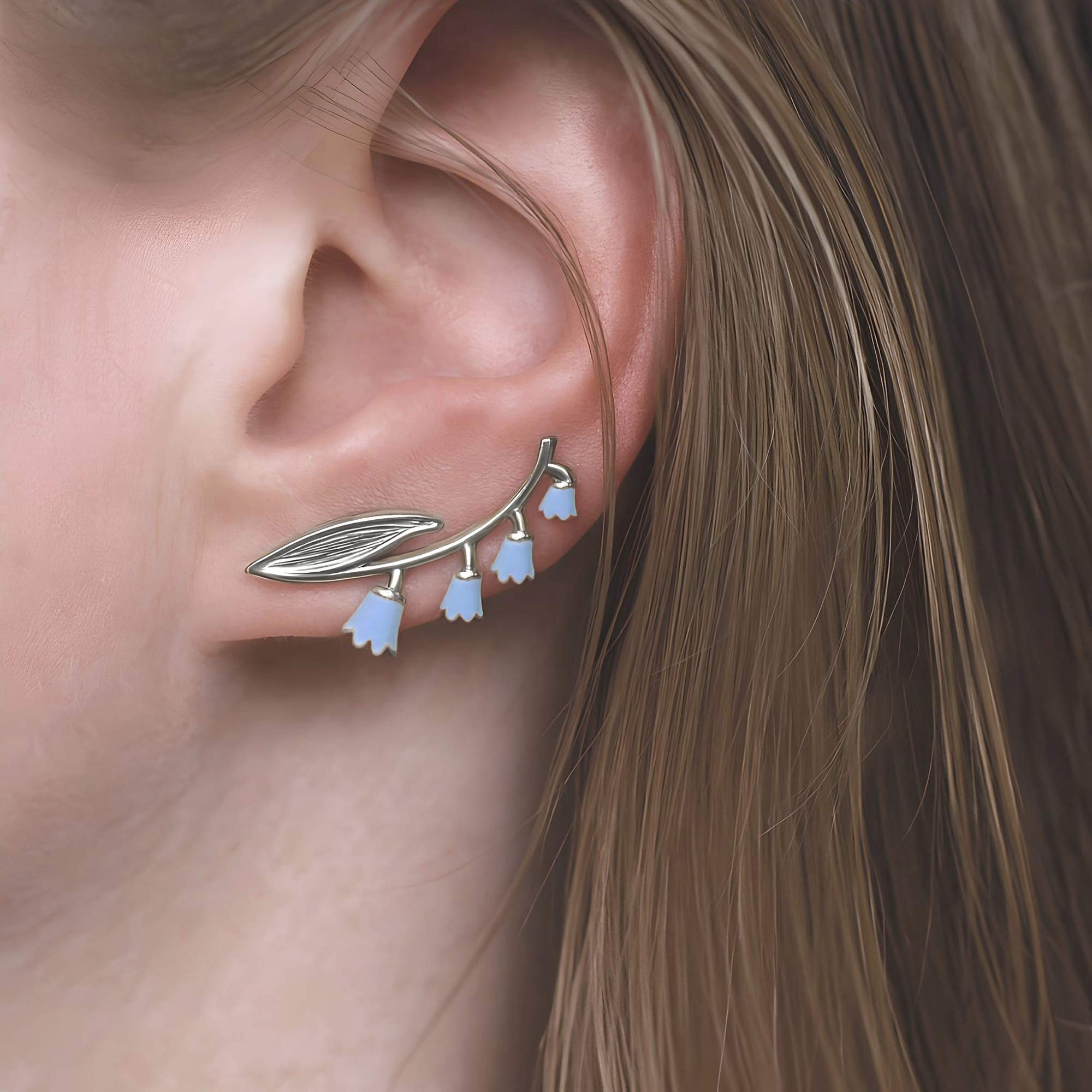 Bellflower Ear Climber. 925 Silver & blue enamel