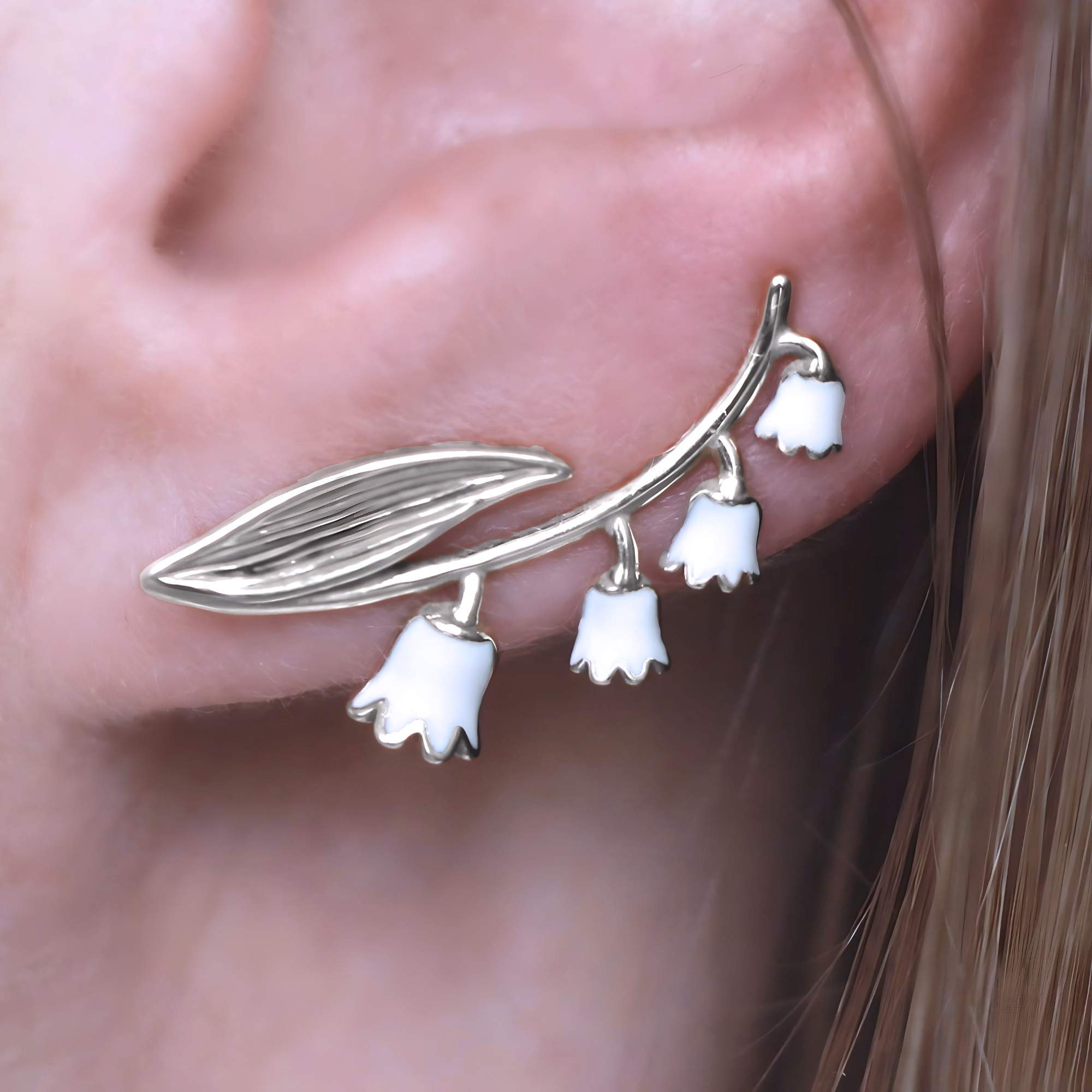 Lily of the Valley Ear Climber. 925 Silver & white enamel Lily of the Valley Ear Climber. 925 Silver & white enamel