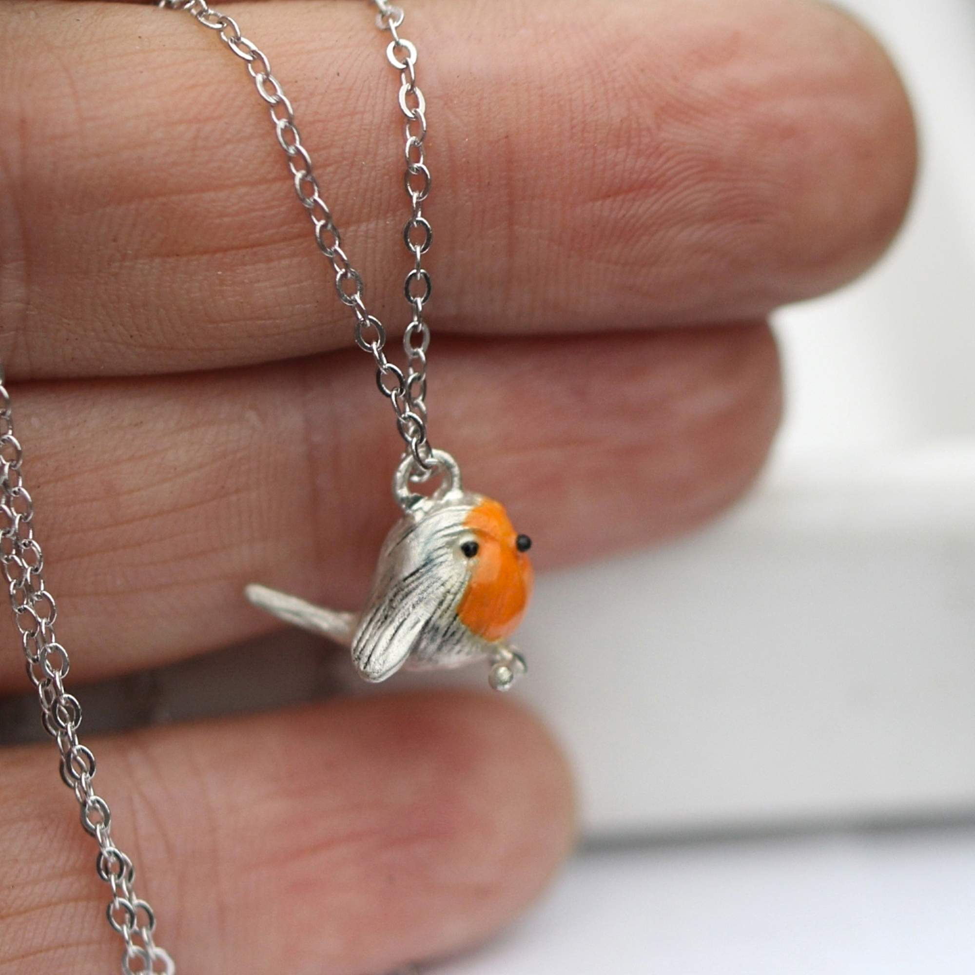 3D Rotkehlchen Kette: 925 Sterling Silber & orangene Emaille 3D Rotkehlchen Kette: 925 Sterling Silber & orangene Emaille