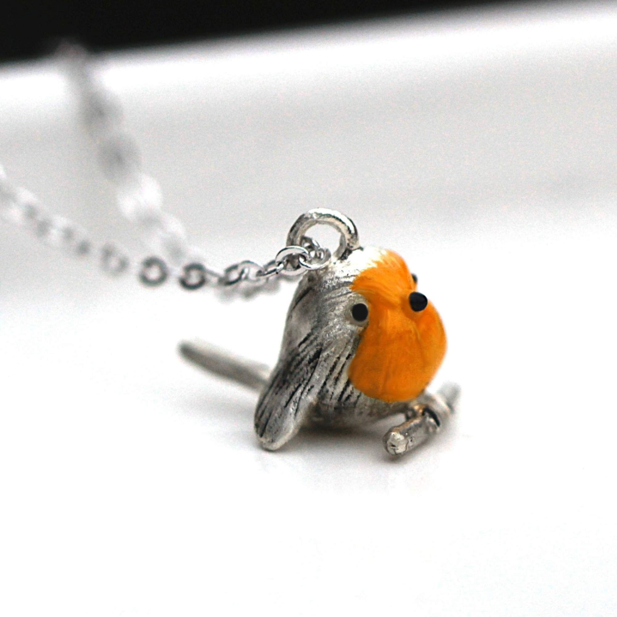 3D Rotkehlchen Kette: 925 Sterling Silber & orangene Emaille 3D Rotkehlchen Kette: 925 Sterling Silber & orangene Emaille