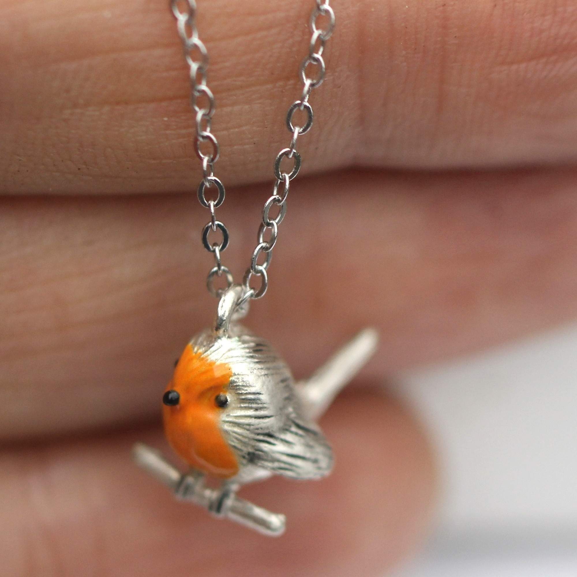 3D Rotkehlchen Kette: 925 Sterling Silber & orangene Emaille 3D Rotkehlchen Kette: 925 Sterling Silber & orangene Emaille