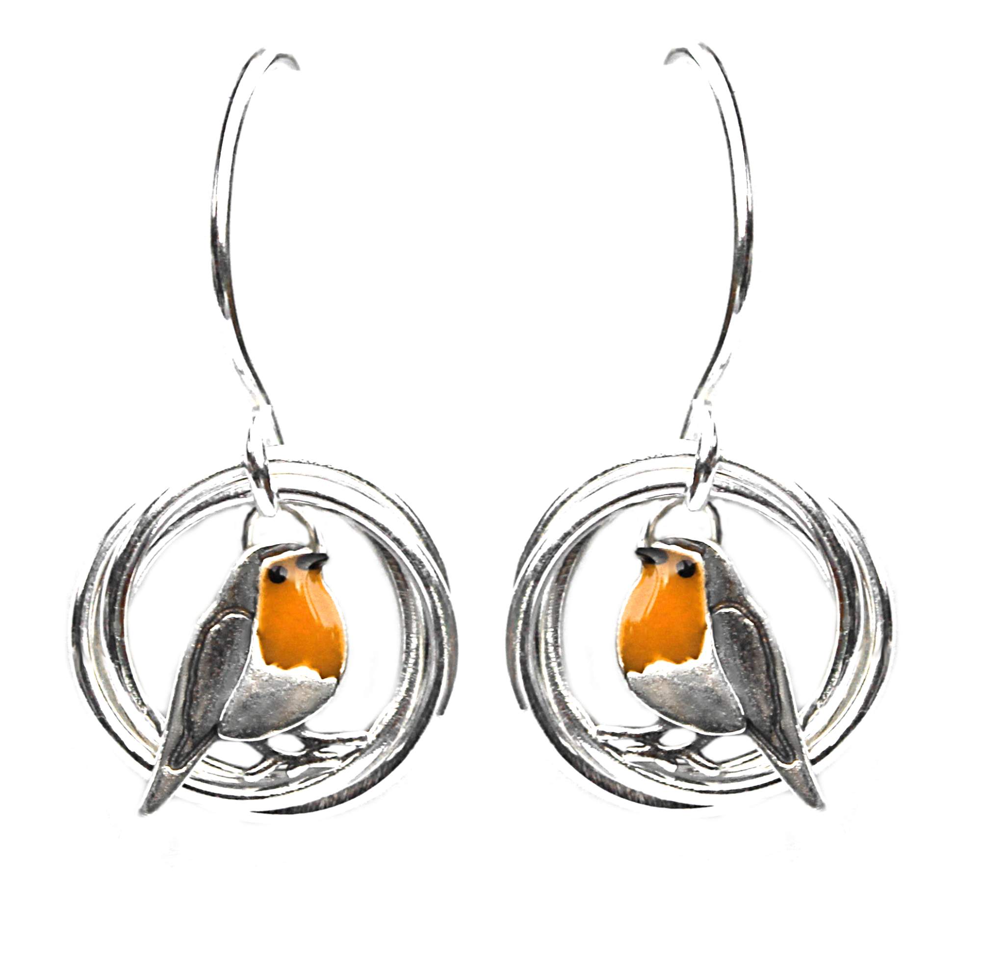 Robin Bird Nest Earrings. 925 Sterling Silver with Enamel