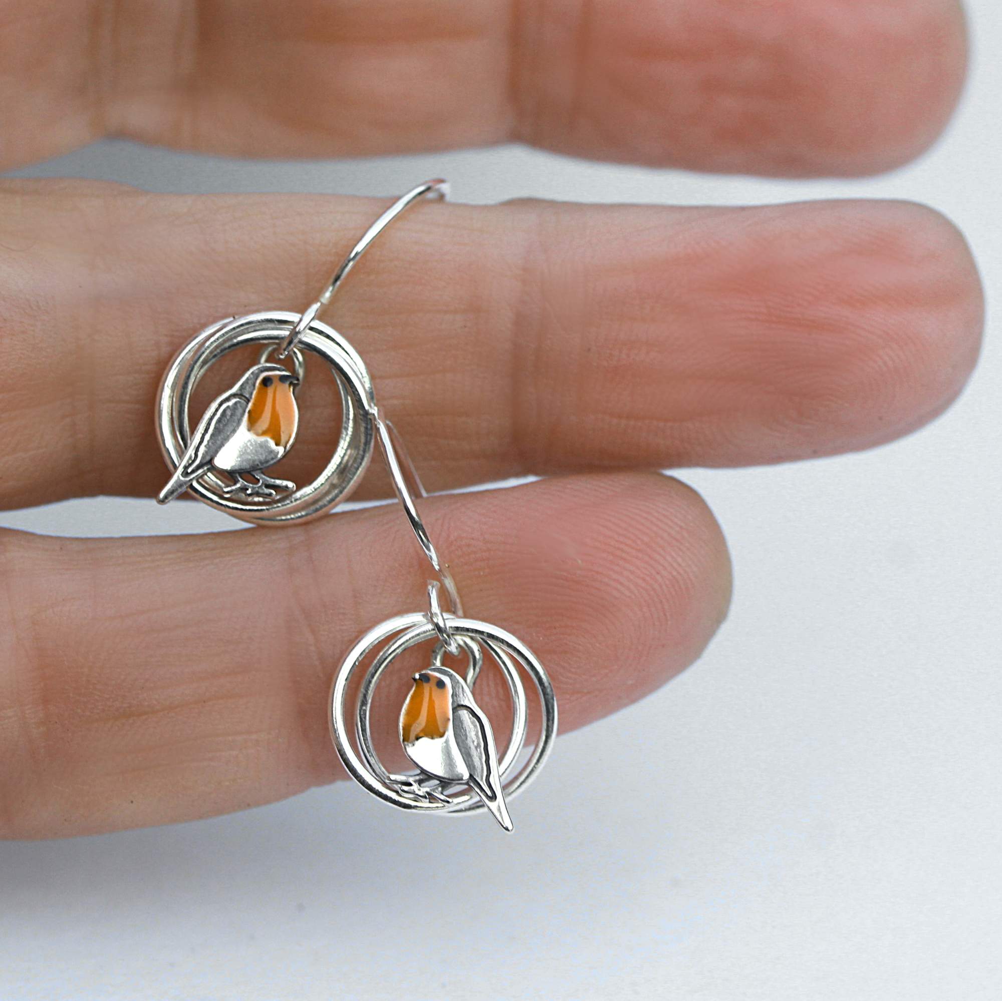 Robin Bird Nest Earrings. 925 Sterling Silver with Enamel