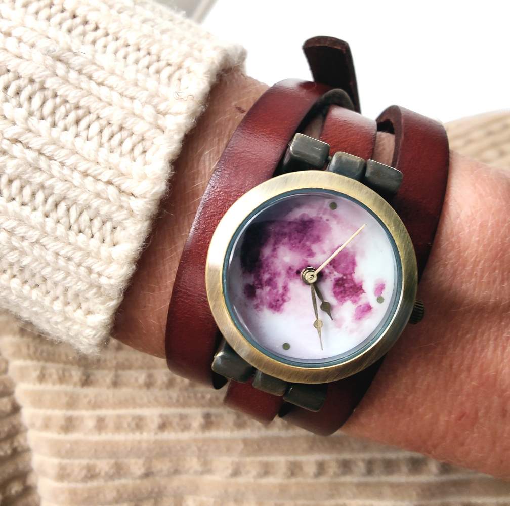 Abstract wrap watch. Very dark red genuine leather wrist watch.
