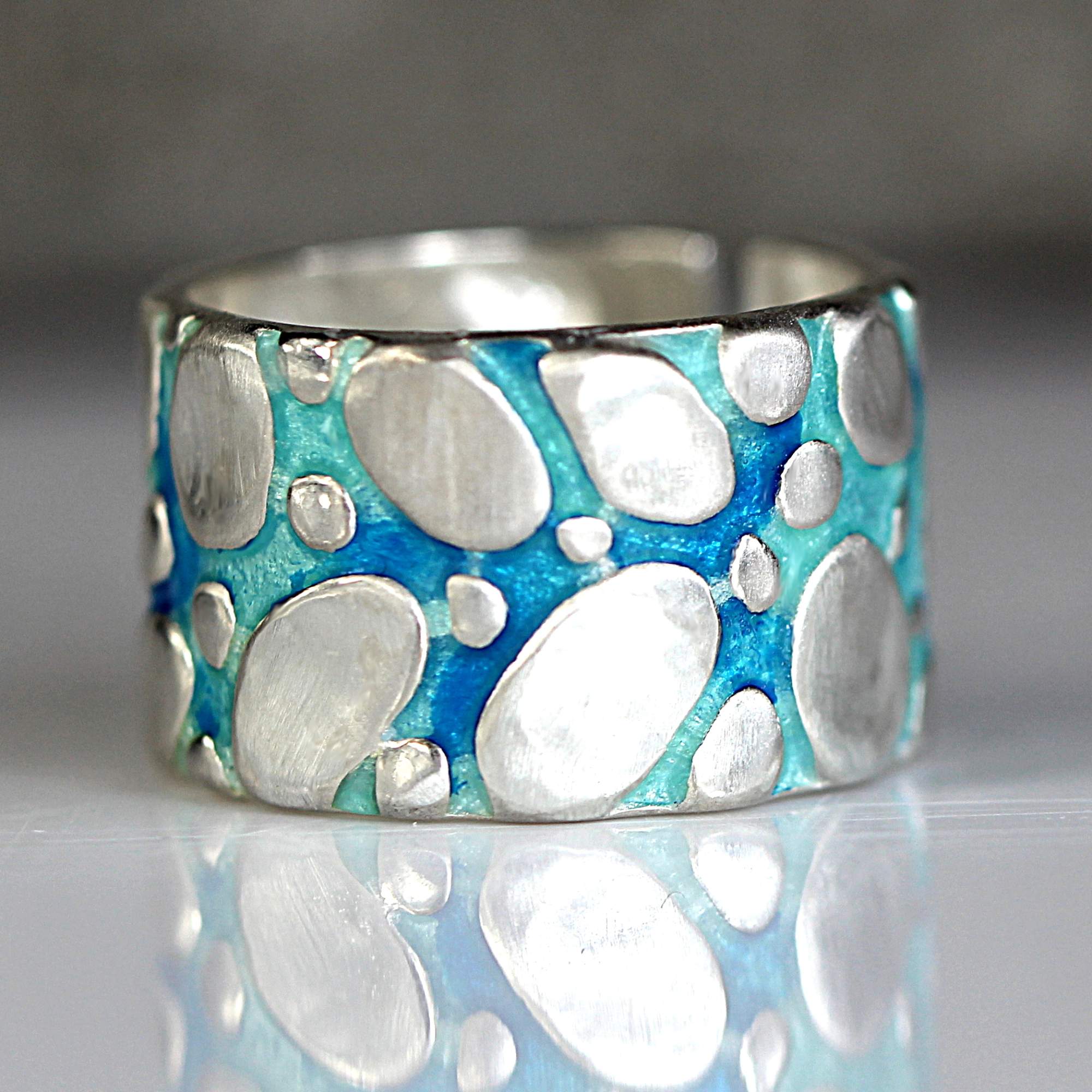 RIVER BED silver ring. Blue turquoise enamel & sterling silver pebble stones