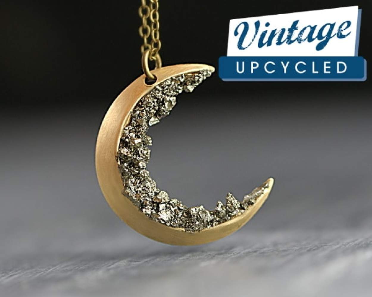 Crushed pyrite and vintage moon necklace