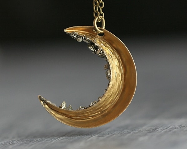 Crushed pyrite and vintage moon necklace