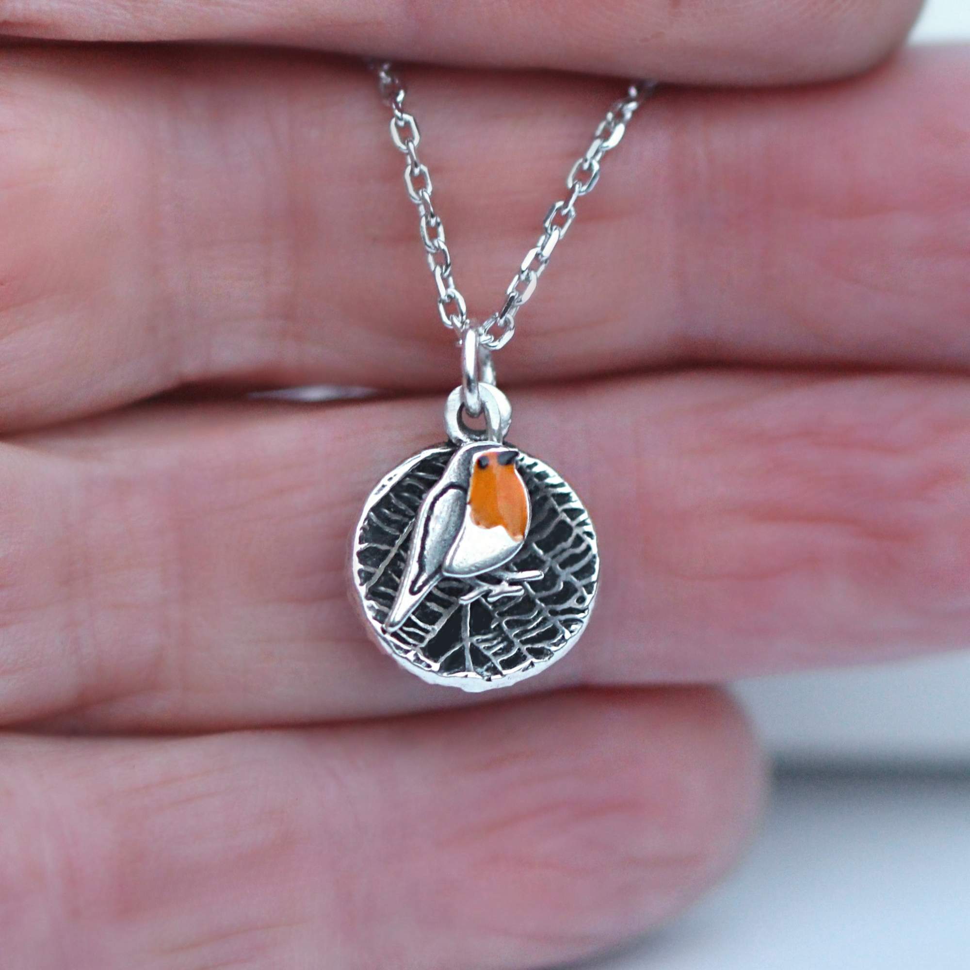 Dainty red robin leaf necklace. 925 sterling silver & orange enamel