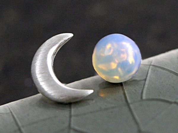 STERLING Crescent Moon & vintage opal stone studs
