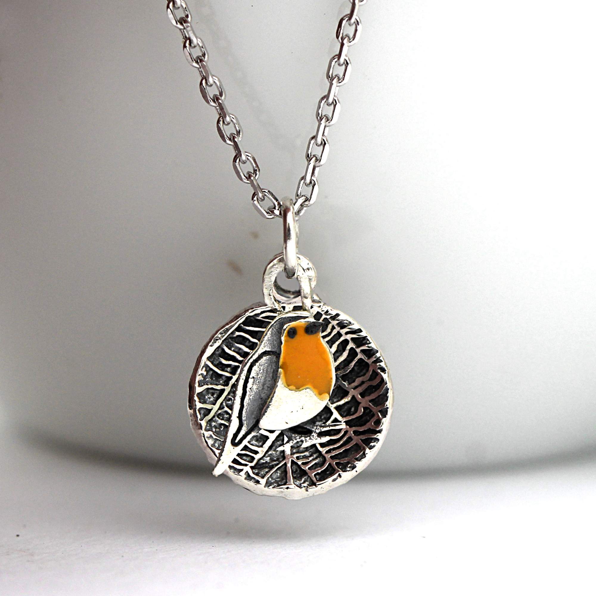 Dainty red robin leaf necklace. 925 sterling silver & orange enamel