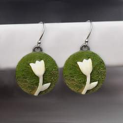 tulip moss earrings. White enamel on green & sterling silver hooks