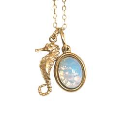 Feine Seepferdchen Halskette mit seltenem Vintage Glas-Opal. 925 Silber vergoldet