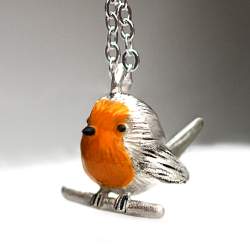 3D Rotkehlchen Kette: 925 Sterling Silber & orangene Emaille