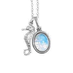 Feine Seepferdchen Halskette mit seltenem Vintage Glas-Opal. 925 Sterling Silber