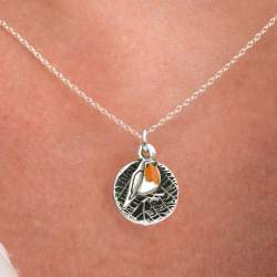 Mini Rotkehlchen Blatt Kette. 925 Sterling Silber & Emaille.